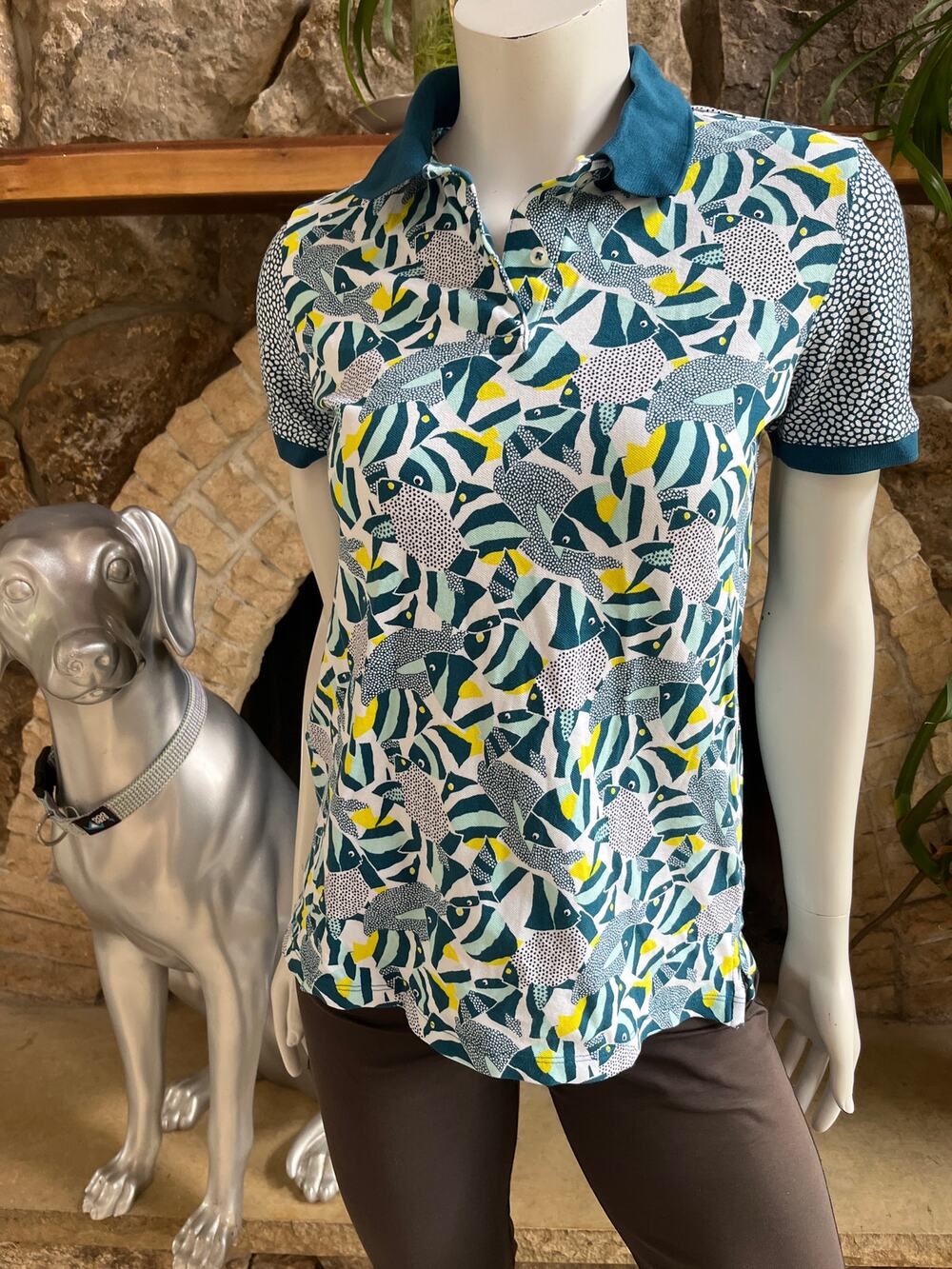 Lands' End Fish Ocean Polo Short Sleeve Blue Shirt Women's Size XS